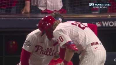 [Highlight] [Highlight] Bryce Harper calls Alec Bohm over to tell him something before Bohm hits the home run