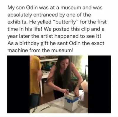 The artist saw the video of this guy loving his artwork so he surprised him on his birthday with the actual machine.