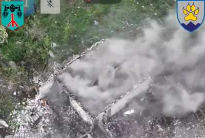 A russian soldier is hit three times and buried under a wall by drones of the 15th Mountain Assault Brigade. Summer 2025.