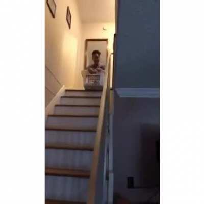 HMFT after sliding down the stairs in a basket