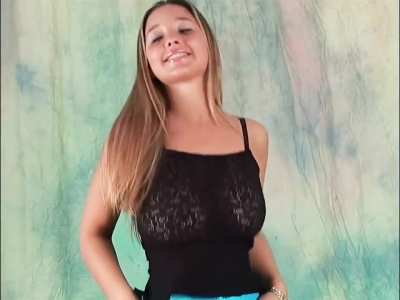 Christina Model - Black top and Blue shiny short shorts