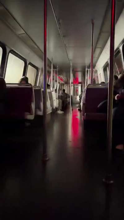 Dark Subway Car traveling through a sparely lit tunnel