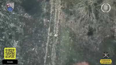 Ukrainian kamikaze drone hits a Russian soldier standing still. Location unknown, January 2025