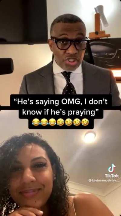 he saying o.m.g but I don't know If he is praying