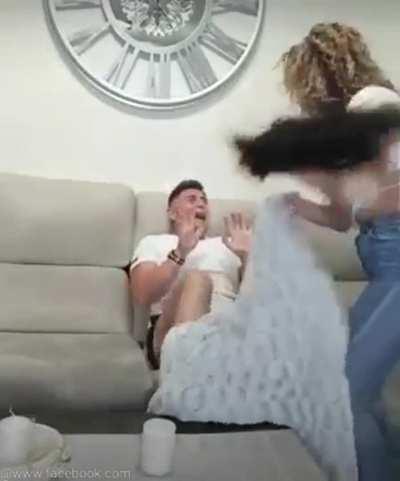 He makes his wife believe that someone else is sucking him off