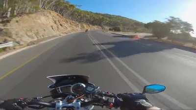 Doing a sneaky pass up the inside of my friend on his Street Triple Rx. (I am on a Tuono V4)