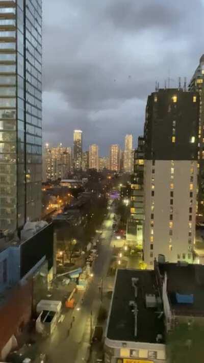 Heavy winds causing plywood to fly off a Yonge St. under-construction condo building