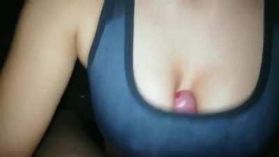 Finishing him inside her bra