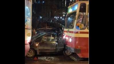In St. Petersburg, two trams crushed a passenger car with some aftermath