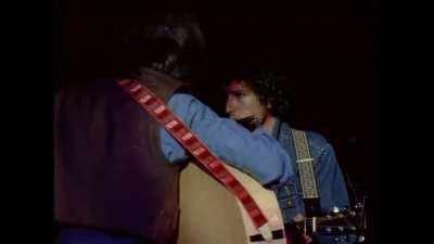 George Harrison and Bob Dylan rehearse 'If Not For You' at a soundcheck for The Concert For Bangladesh, Madison Square Garden, July 31, 1971.