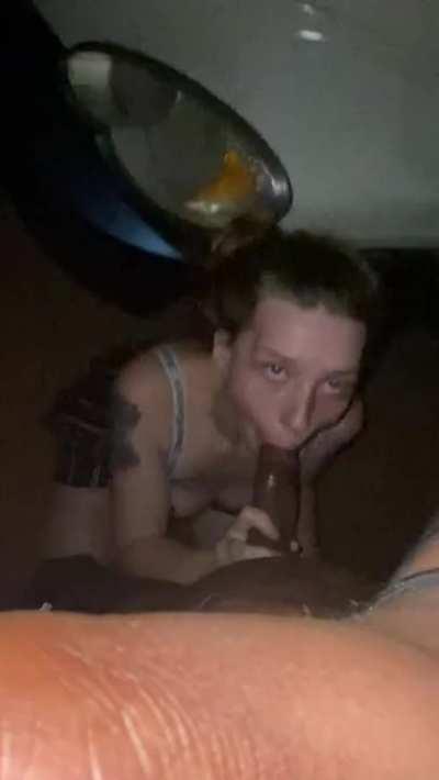 White girl blows bf's black dick in parking lot