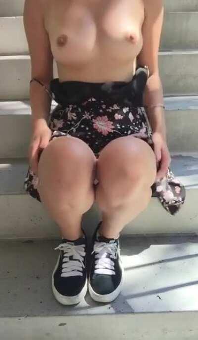 Demonstration of myself on the parking lot stairs [f]