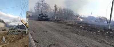 Ukrainian tank on the move with a massive explosion in the background (with another angle).