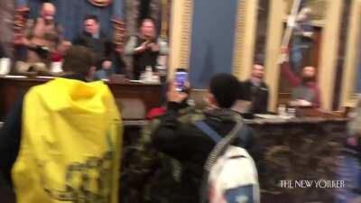 This video was released today by the New Yorker magazine. Rioters pray to Jesus Christ at the podium in the Capitol Building in Washington, D.C.