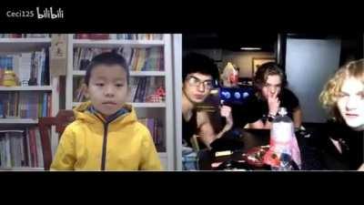Ten year old Chinese child in Omega (stranger video platform) with three American netizens in a random connected exchange.