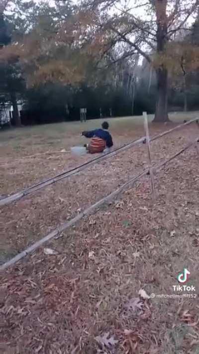 Pants around his ankles almost lead to him losing an eye.