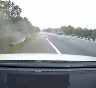 Tyre burst causes lorry to crash on car