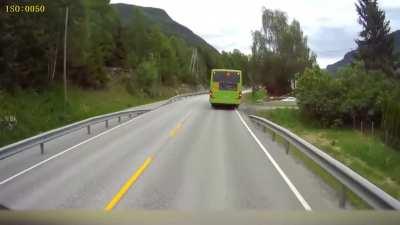 Truck nearly hits kid. Saved thanks to amazing emergency braking system.
