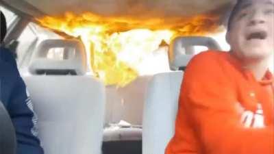 The kids in the back made it out the car door safely, while the couple in the front of the car nearly lost their lives. Nobody caught on fire and everyone was safe.