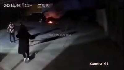 Spinning a fireworks fountain near a car full of fireworks