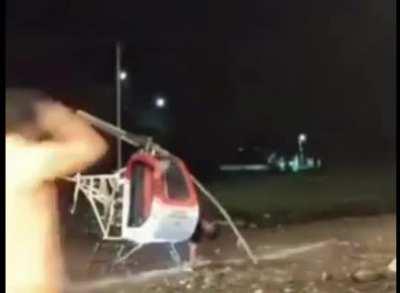 A dropout engineer in india died after a failed test of his self made low cost helicopter. He wanted to build a helicopter that could be affordable to normal people and easy to use. P.S.: This was the 2nd test run, 1st run was successful in which he flew 