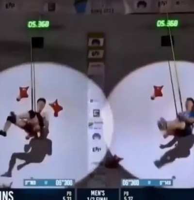 Two men tie with exactly 5.368 seconds in speed climbing final