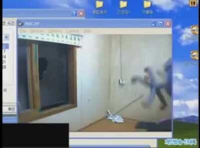 Casually presents the broken window.