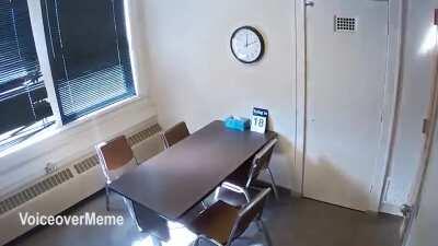 A guy escaping from a room after being left unattended