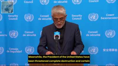 Iran's UN Ambassador: 1,300+ civilians killed. 9,669 civilian sites destroyed, 32 medical facilities, 65 schools, 13 Red Cross buildings. Fuel strikes causing toxic rain over Tehran. Water plants bombed. 