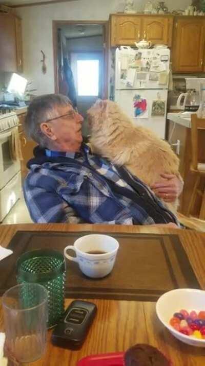 Grandpa being loved by his chonker, Tommy