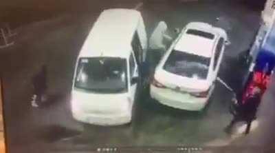 to steal a car while the owner was filling up the tank.