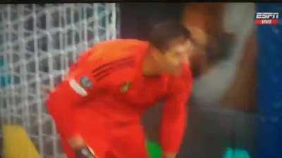 Courtios kissing Real Madrid badge infront of Chelsea fans after being booed everytime he touched the ball.