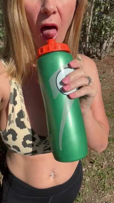 Real Teacher in a sports bra getting a sip