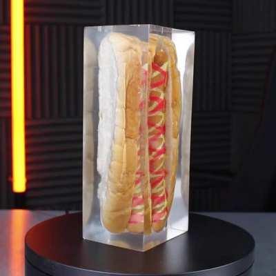 A hot dog in clear resin