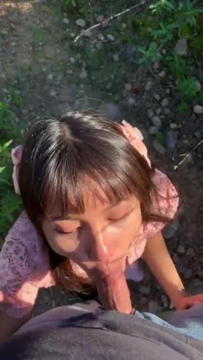 Cute little Asian Girl Plays with and Rides Daddy's Dick in the Park