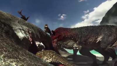 Pterosaurs and Carnotauruses scavenge a beached Pliosaurus carcass. Animation by Julian Johnson-Mortimer