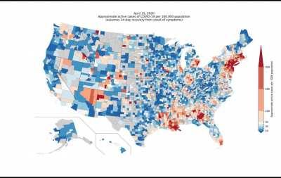 [OC] U.S. county-level map of approximate active cases of COVID-19 per 100k population