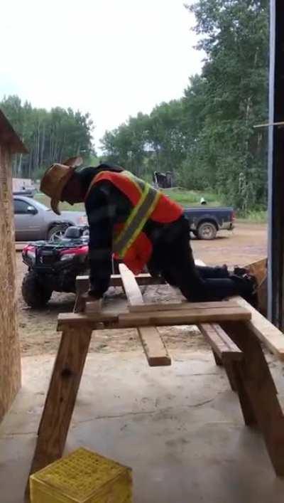 Dry humping while sawing wood.