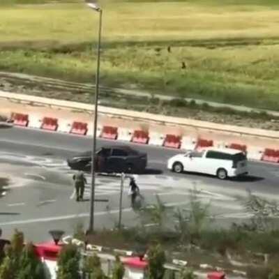 A man tried to push his gf on to the road, and get what he deserved..
