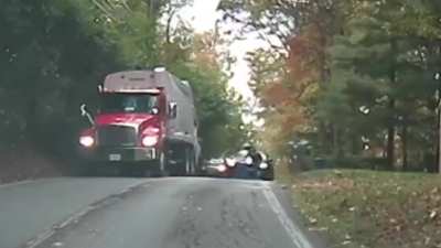 Impatient idiot passed the waiting cars in the oncoming lane, inched up on the man in the road, then dangerously sped around [oc]