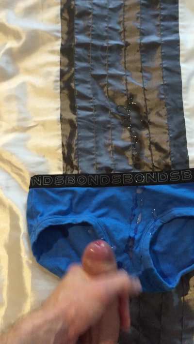 Excited to cum on her panties, I overshot the target. Will have to try again ;)