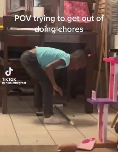 Kids will do anything to try to get out of doing chores