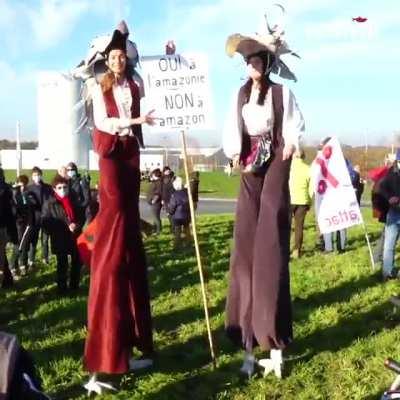 Demonstrators gather near Nantes to protest against establishment of an Amazon center in the area which they fear will kill small businesses