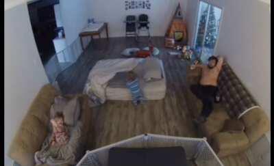 Kid watches then recreates wrestling move