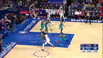 [Highlight] The Hornets defense swarms on Embiid in the paint but he hits the turn around fadeaway