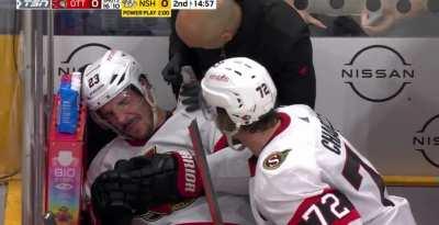 Angry Chabot hits Hamonic with stick on bench