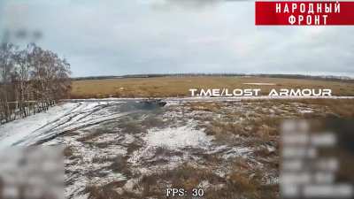 Russian fiber-optic drone hits Ukrainian Challenger 2 Tank. Kursk region.
