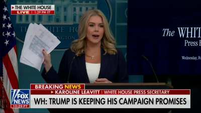 When pressed to provide evidence of fraud that Musk has discovered, Leavitt waves around papers with 