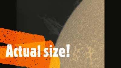 Towering candle flame prominence of calcium plasma on the solar limb, dwarfs the earth.