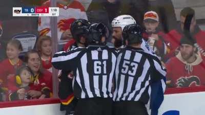 Kucherov 2 for Tripping Mangiapane then Bogosian tries to draw Weegar into a penalty but gets called for roughing